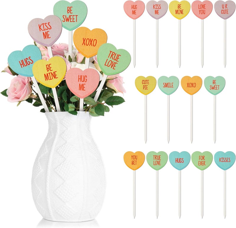 TICIAGA Valentines Wooden Decorative Picks - 14PCS Valentine’s Day Double-Sided Wooden Heart Picks with Words Romantic Farmhouse Decor Colorful Floral Holiday Decorations for Home Vase Filler - Image 1